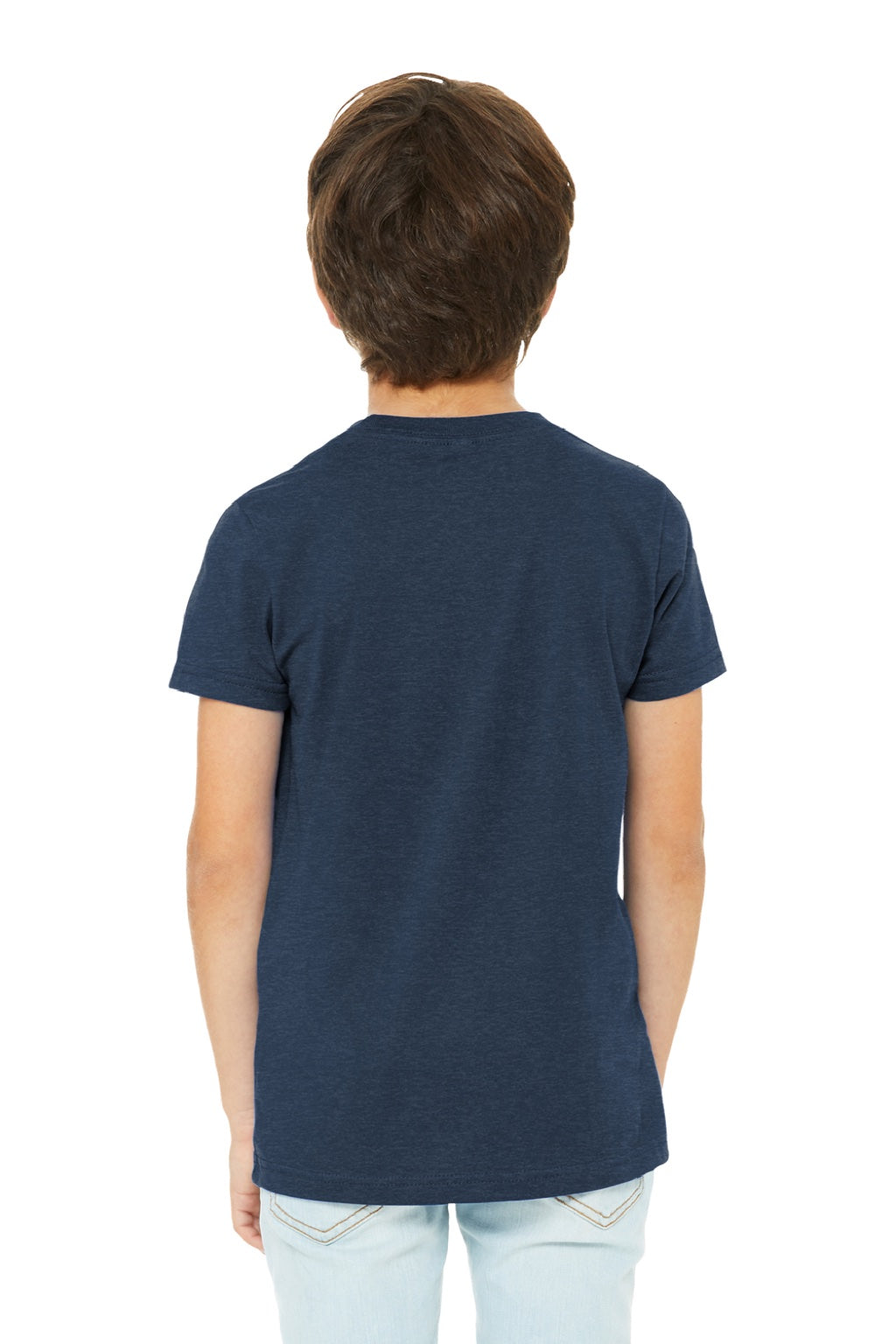 Bella + Canvas BC3001YCVC/3001YCVC Youth Jersey Short Sleeve Crewneck T-Shirt Heather Navy Blue Model Back