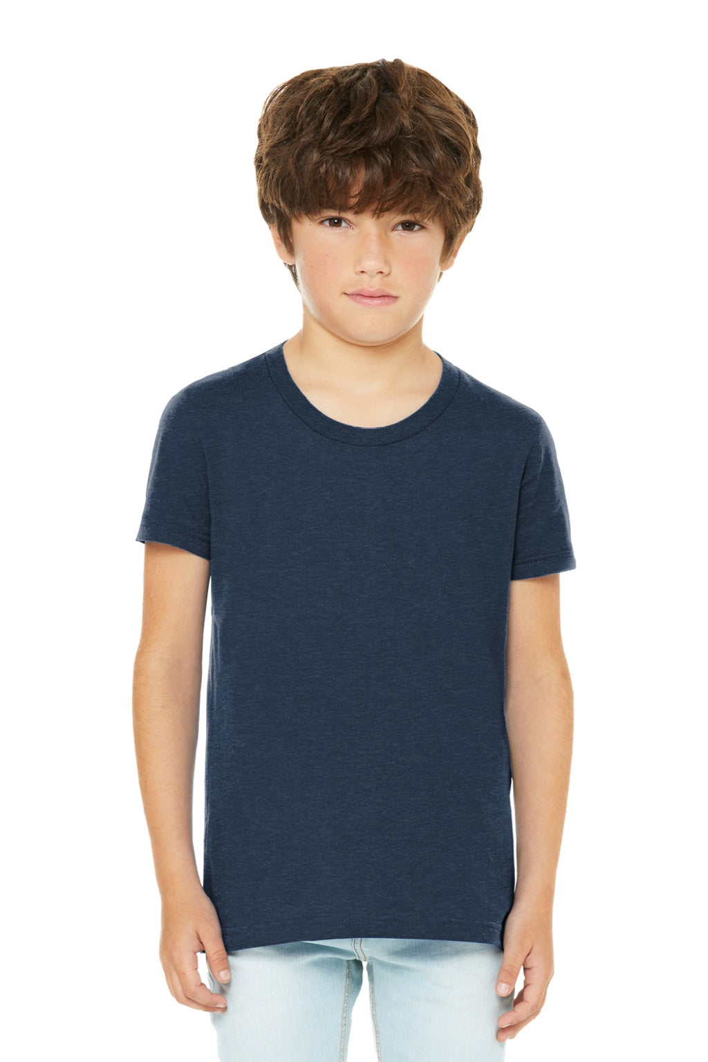 Bella + Canvas BC3001YCVC/3001YCVC Youth Jersey Short Sleeve Crewneck T-Shirt Heather Navy Blue Model Front