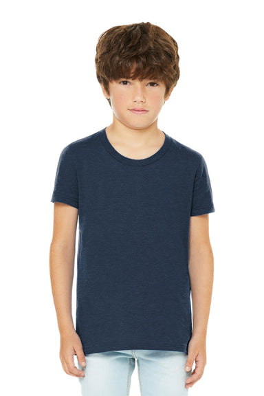 Bella + Canvas BC3001YCVC/3001YCVC Youth Jersey Short Sleeve Crewneck T-Shirt Heather Navy Blue Model Front