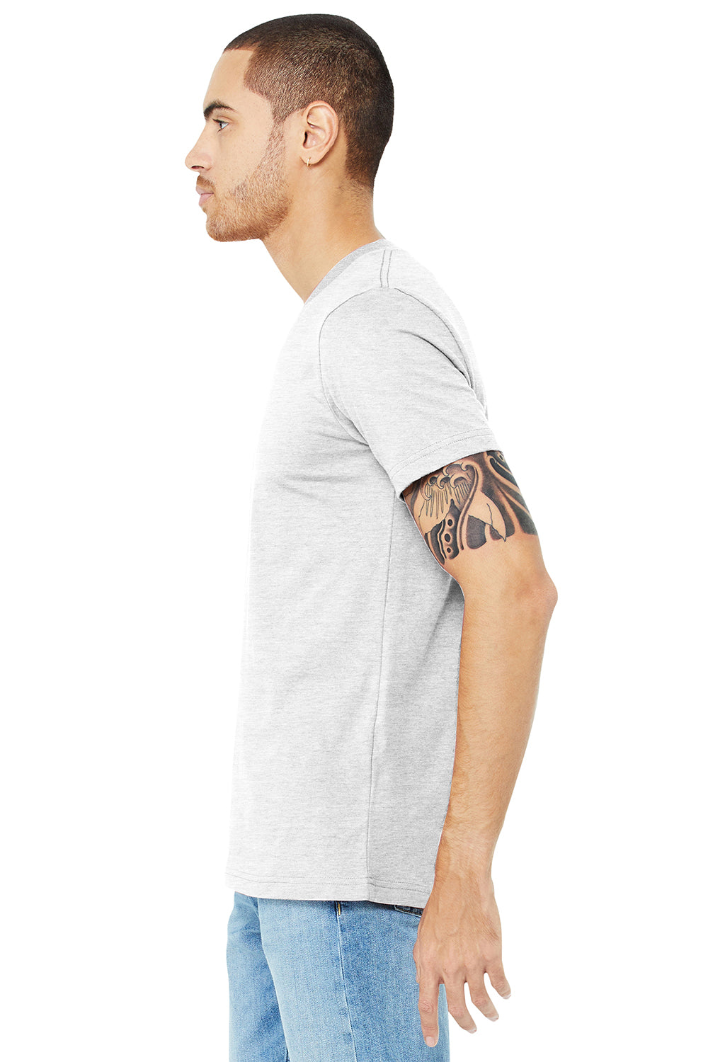 Bella + Canvas BC3005/3005/3655C Mens Jersey Short Sleeve V-Neck T-Shirt Ash Grey Model Side