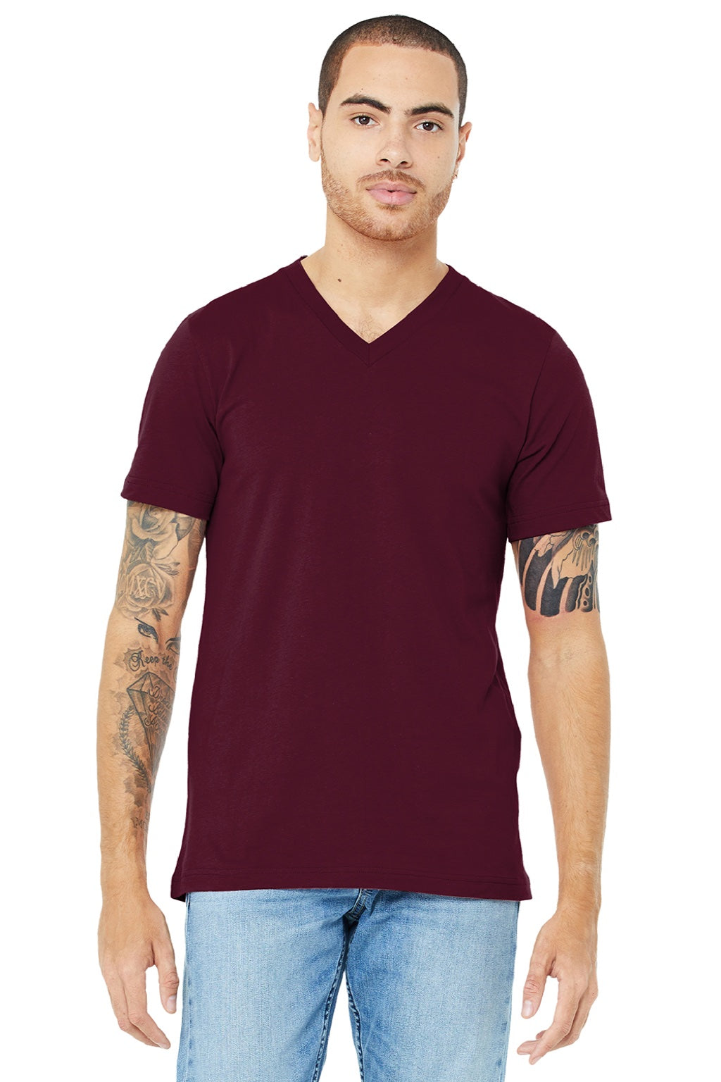 Bella + Canvas BC3005/3005 Mens Jersey Short Sleeve V-Neck T-Shirt Maroon Model Front