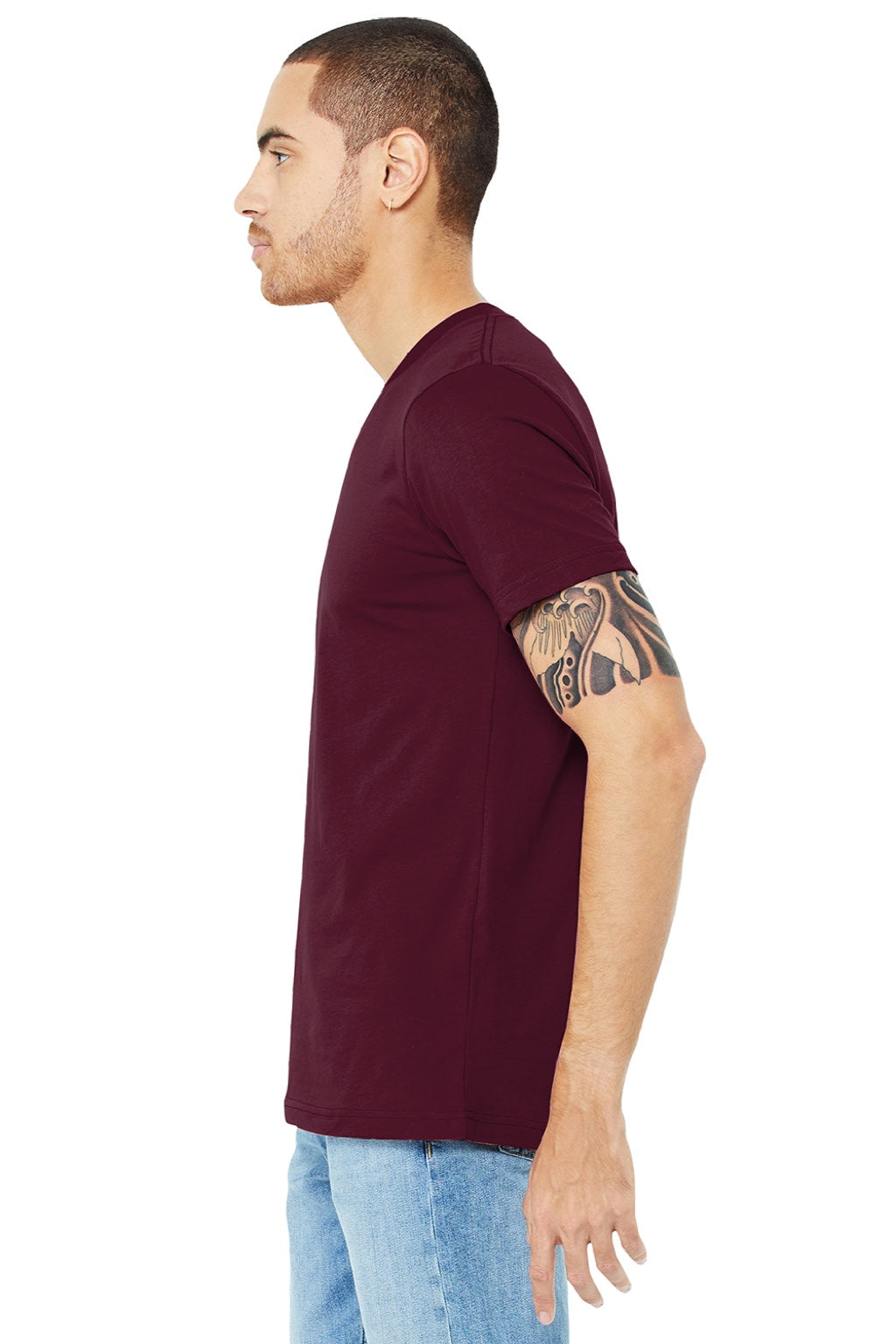 Bella + Canvas BC3005/3005 Mens Jersey Short Sleeve V-Neck T-Shirt Maroon Model Side