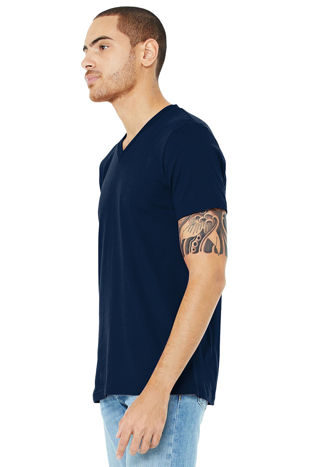 Bella + Canvas BC3005/3005/3655C Mens Jersey Short Sleeve V-Neck T-Shirt Navy Blue Model 3Q