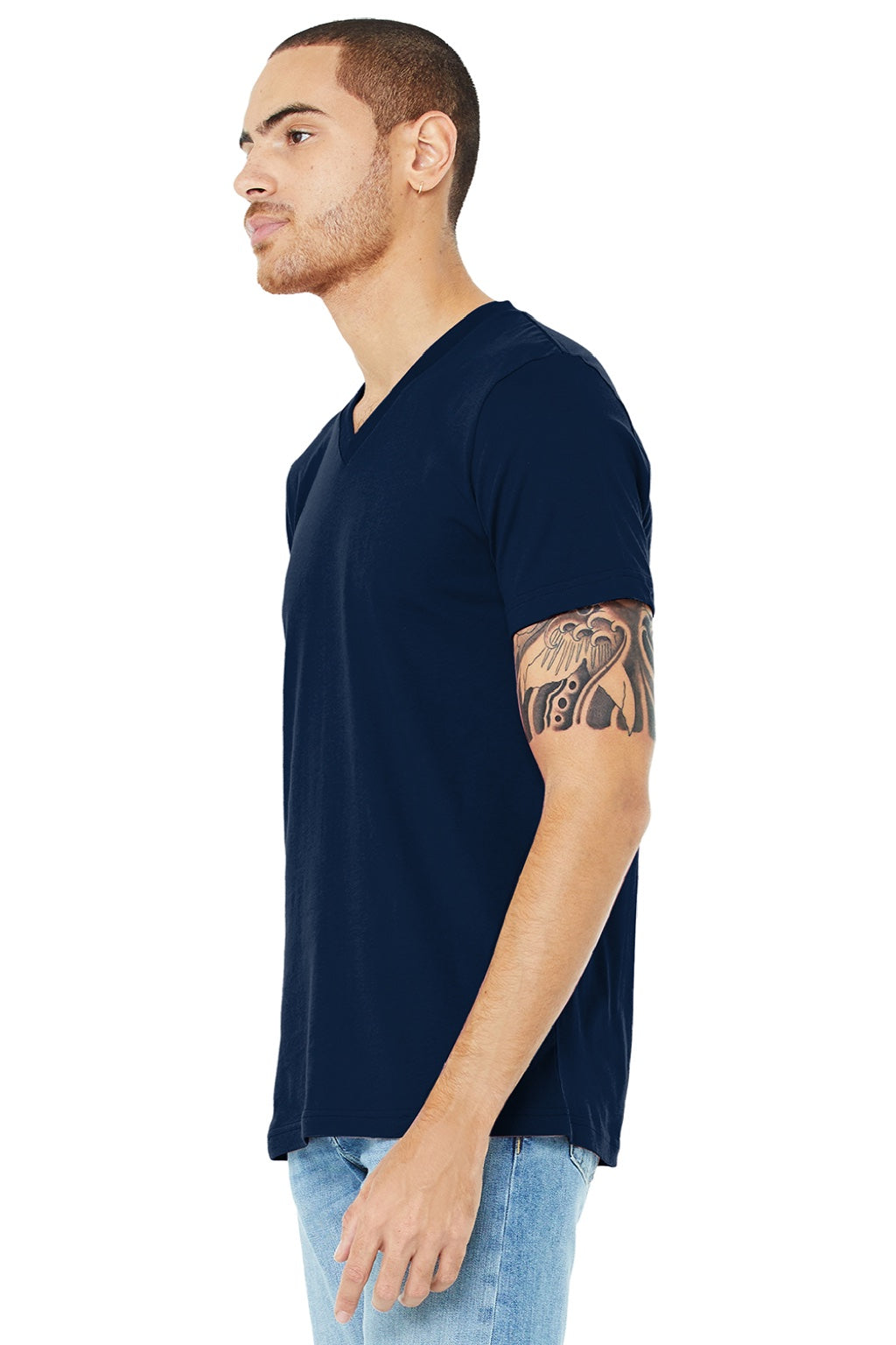 Bella + Canvas BC3005/3005 Mens Jersey Short Sleeve V-Neck T-Shirt Navy Blue Model 3Q