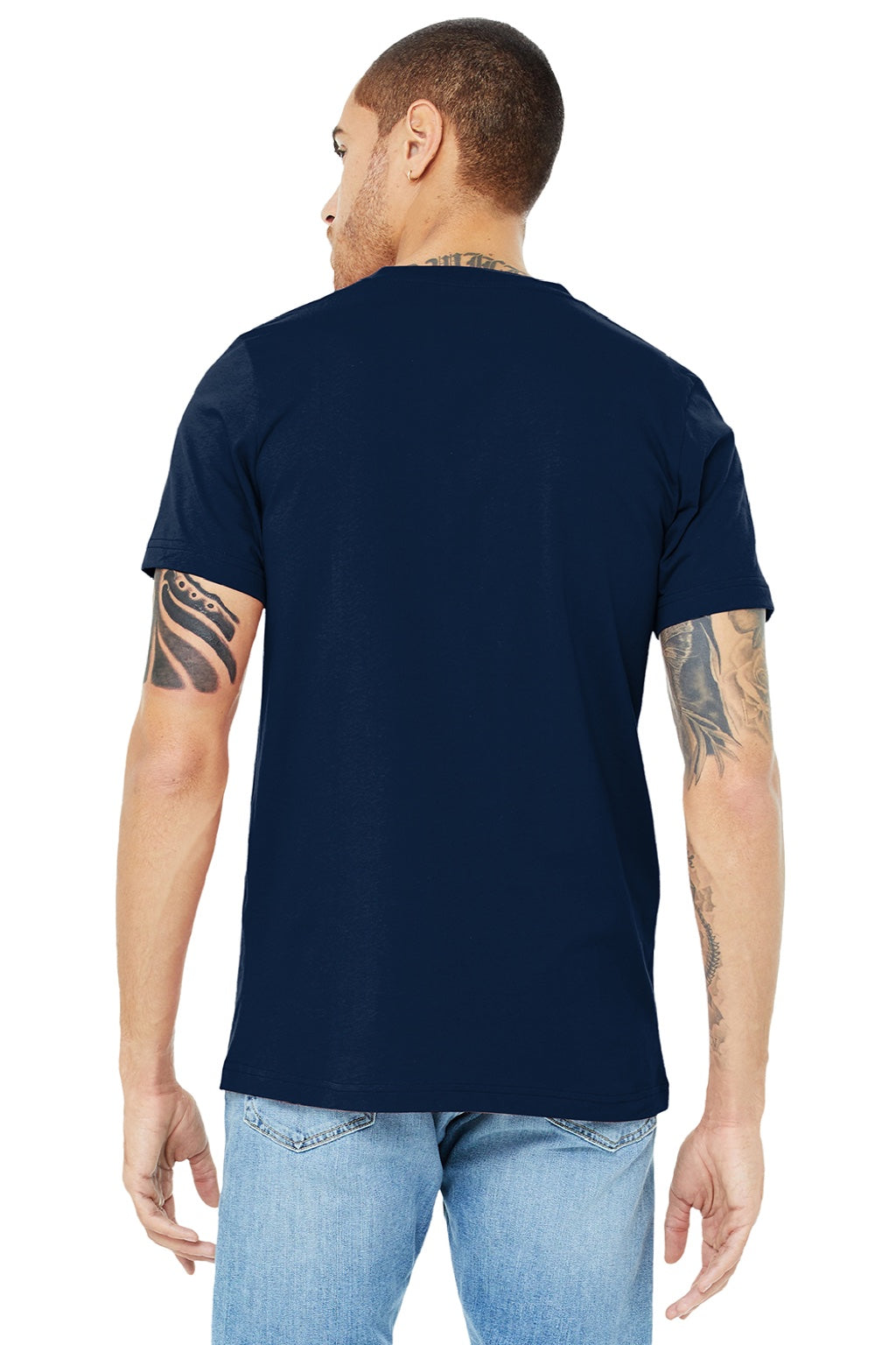 Bella + Canvas BC3005/3005 Mens Jersey Short Sleeve V-Neck T-Shirt Navy Blue Model Back