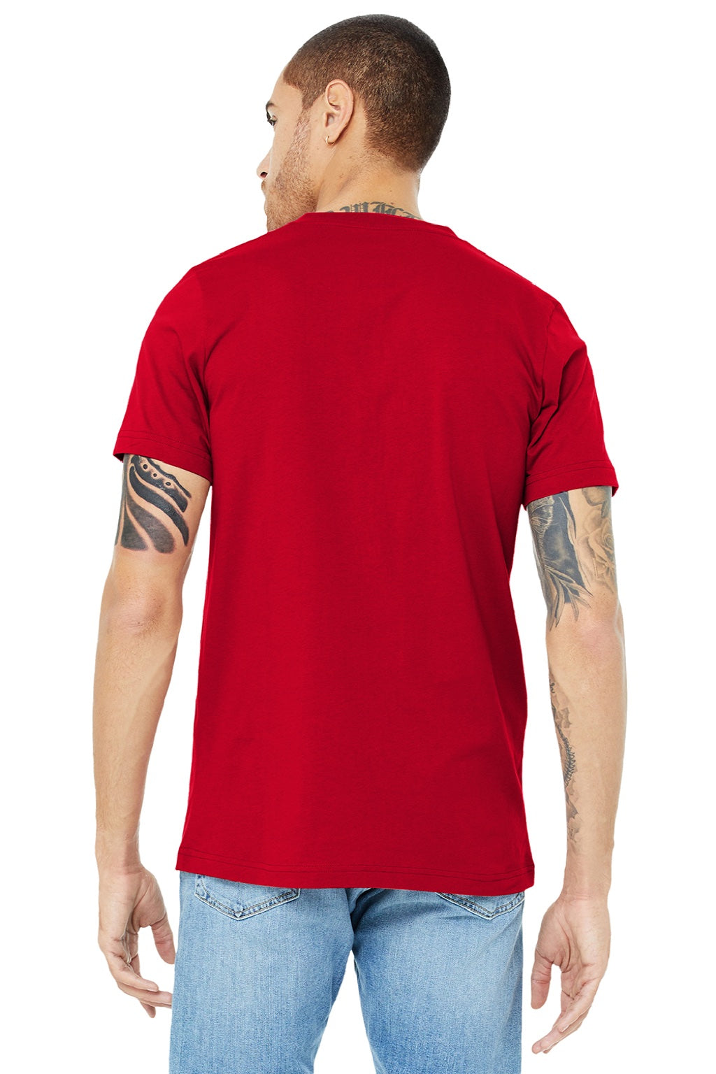 Bella + Canvas BC3005/3005 Mens Jersey Short Sleeve V-Neck T-Shirt Red Model Back