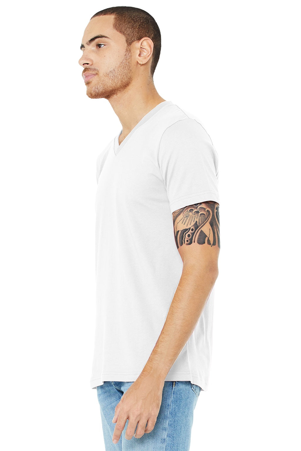 Bella + Canvas BC3005/3005 Mens Jersey Short Sleeve V-Neck T-Shirt White Model 3Q