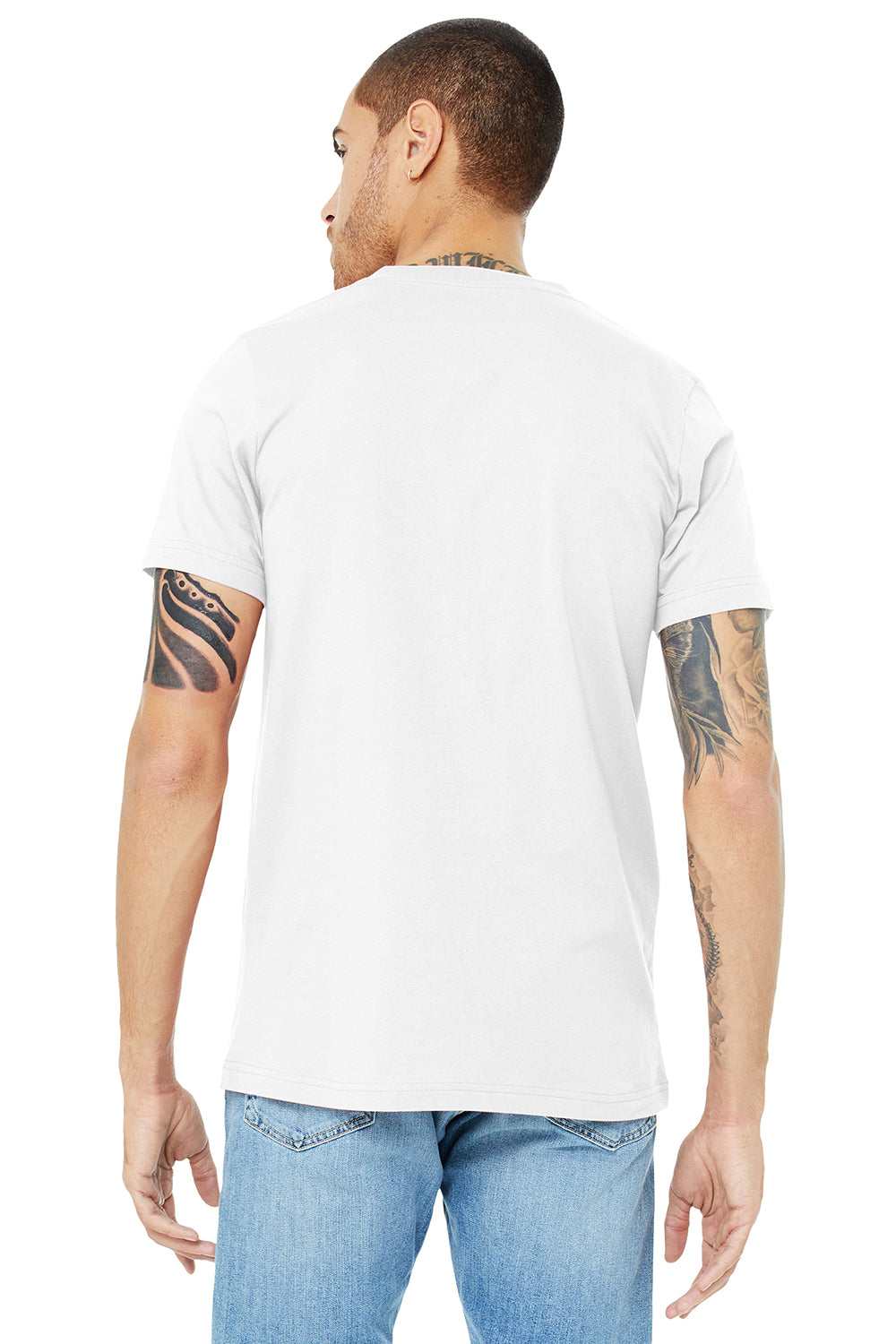 Bella + Canvas BC3005/3005/3655C Mens Jersey Short Sleeve V-Neck T-Shirt White Model Back