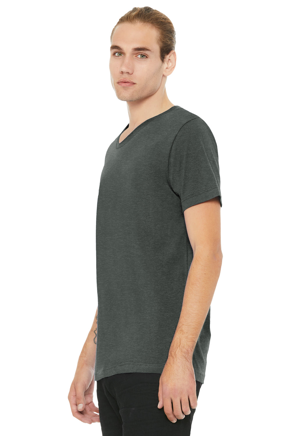 Bella + Canvas BC3005CVC Mens CVC Short Sleeve V-Neck T-Shirt Heather Deep Grey Model 3Q