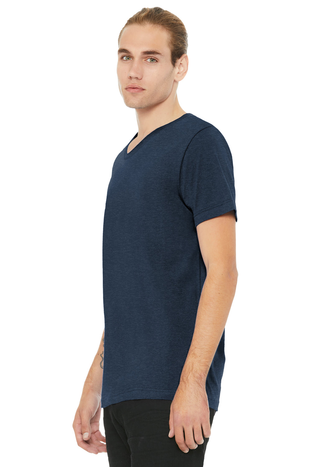 Bella + Canvas BC3005CVC Mens CVC Short Sleeve V-Neck T-Shirt Heather Navy Blue Model 3Q