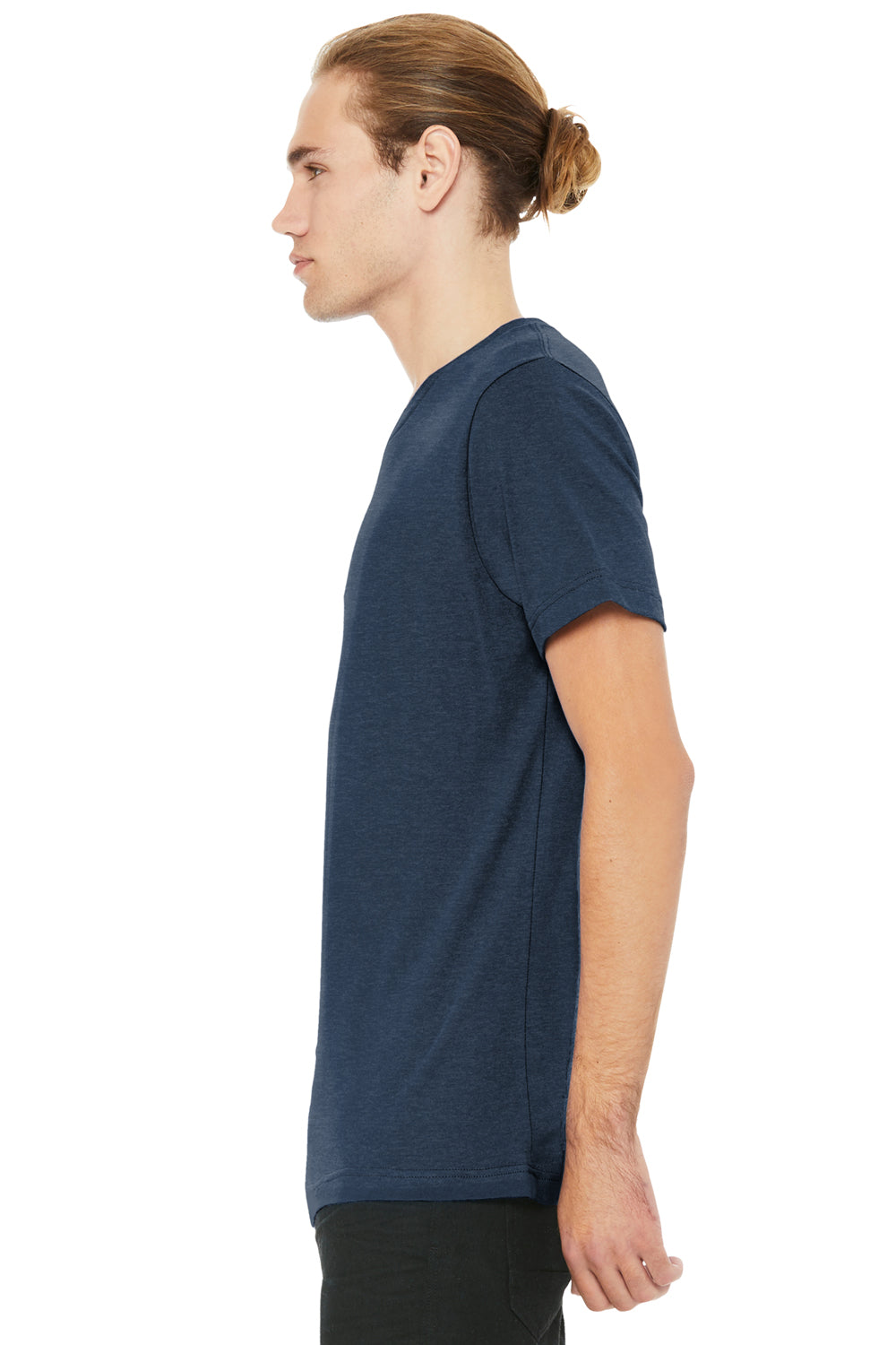 Bella + Canvas BC3005CVC Mens CVC Short Sleeve V-Neck T-Shirt Heather Navy Blue Model Side