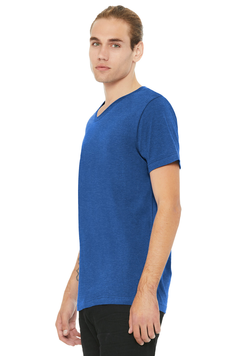 Bella + Canvas BC3005CVC Mens CVC Short Sleeve V-Neck T-Shirt Heather True Royal Blue Model 3Q