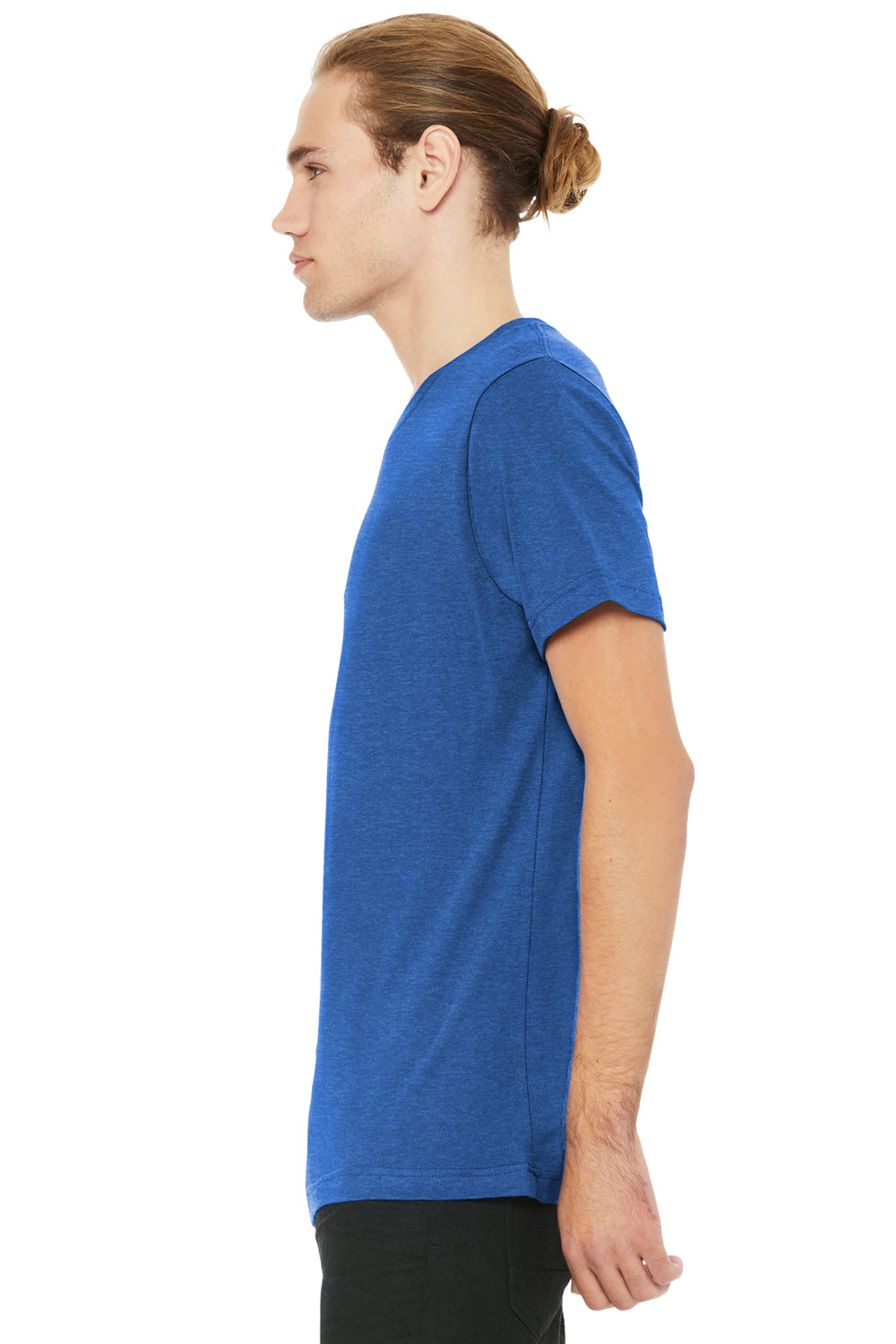 Bella + Canvas BC3005CVC Mens CVC Short Sleeve V-Neck T-Shirt Heather True Royal Blue Model Side