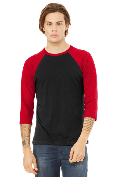 Bella + Canvas BC3200/3200 Mens 3/4 Sleeve Crewneck T-Shirt Black/Red Model Front