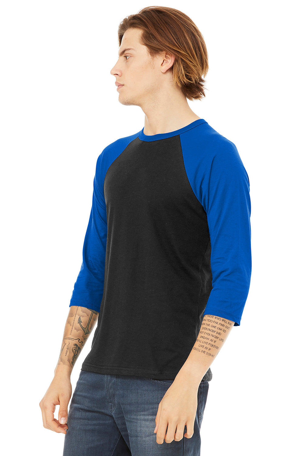 Bella + Canvas BC3200/3200 Mens 3/4 Sleeve Crewneck T-Shirt Black/Royal Blue Model 3Q