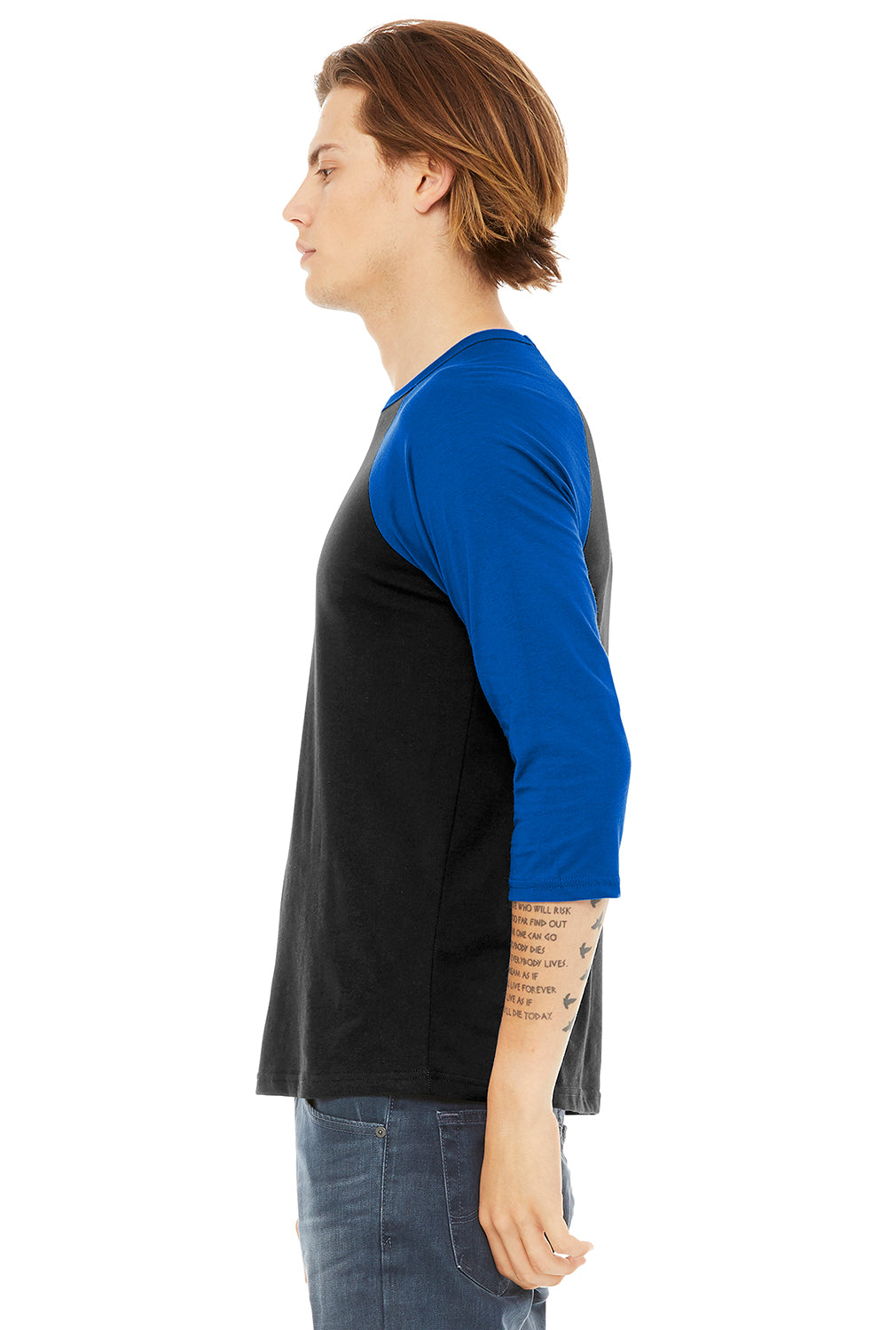 Bella + Canvas BC3200/3200 Mens 3/4 Sleeve Crewneck T-Shirt Black/Royal Blue Model Side
