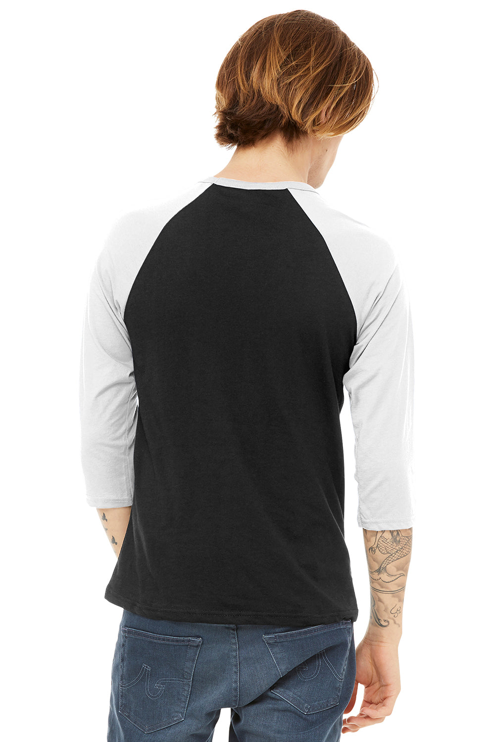 Bella + Canvas BC3200/3200 Mens 3/4 Sleeve Crewneck T-Shirt Black/White Model Back