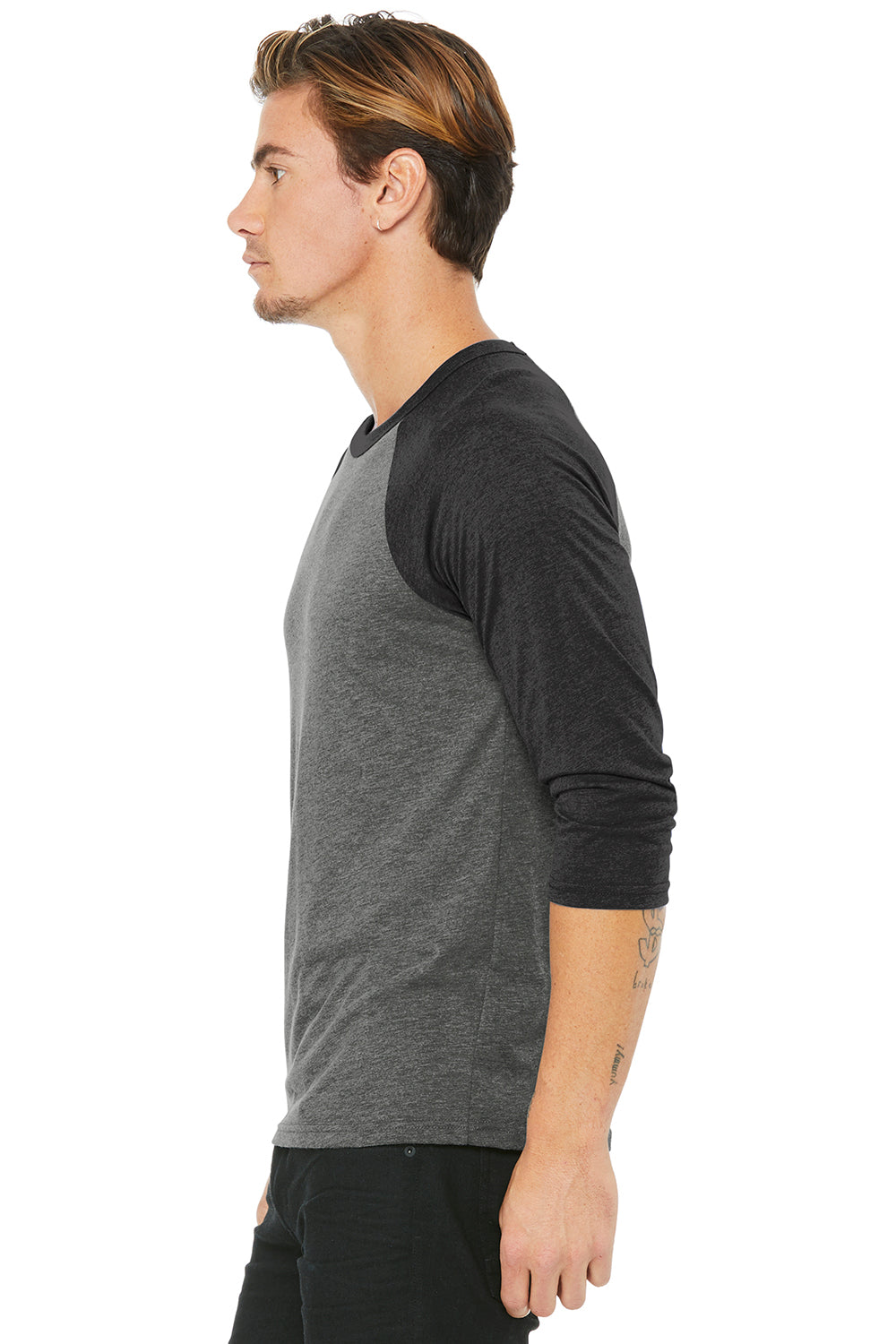 Bella + Canvas BC3200/3200 Mens 3/4 Sleeve Crewneck T-Shirt Grey/Charcoal Black Model Side