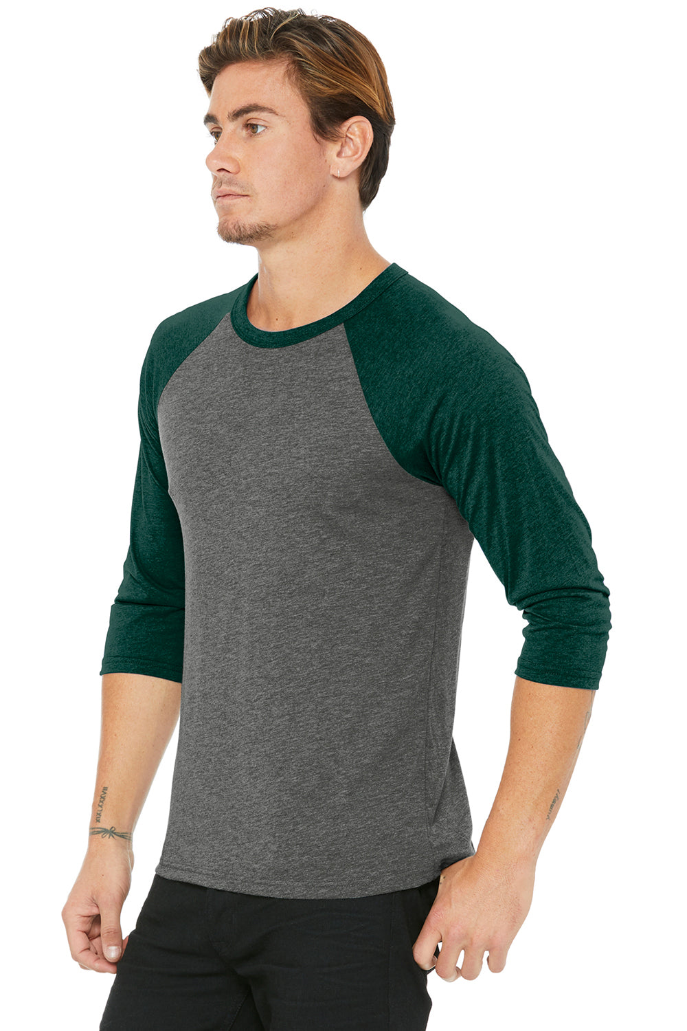 Bella + Canvas BC3200/3200 Mens 3/4 Sleeve Crewneck T-Shirt Grey/Emerald Green Model 3Q