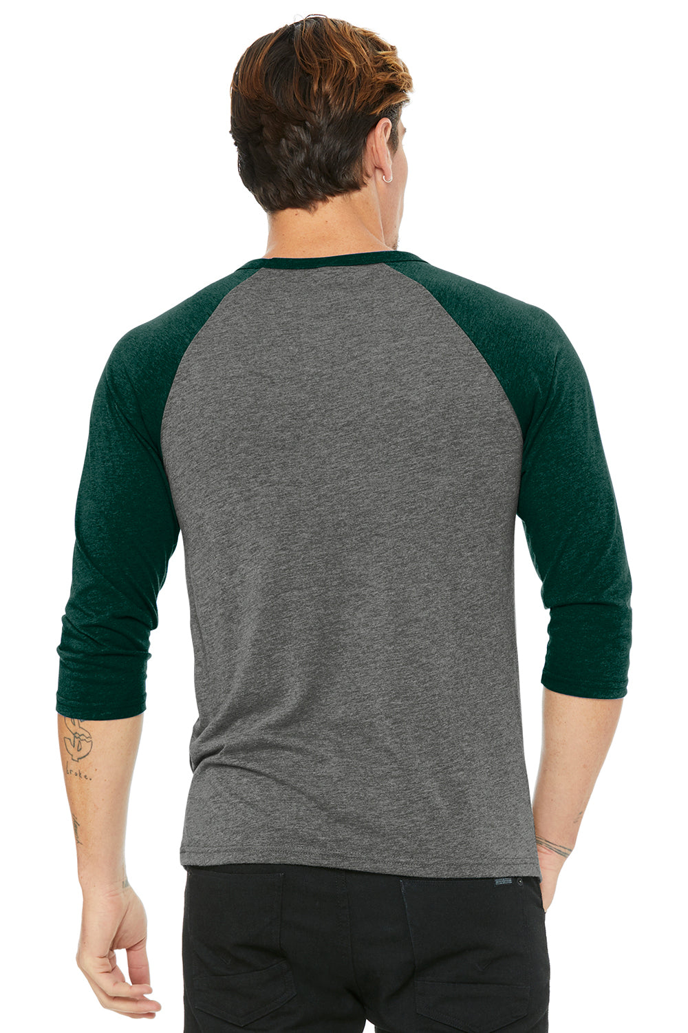 Bella + Canvas BC3200/3200 Mens 3/4 Sleeve Crewneck T-Shirt Grey/Emerald Green Model Back
