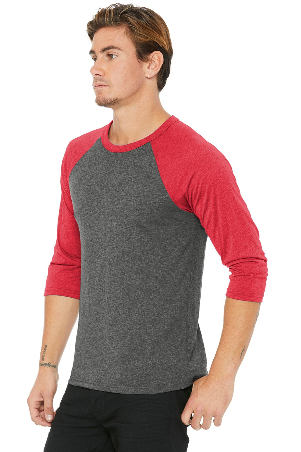 Bella + Canvas BC3200/3200 Mens 3/4 Sleeve Crewneck T-Shirt Grey/Red Model 3Q