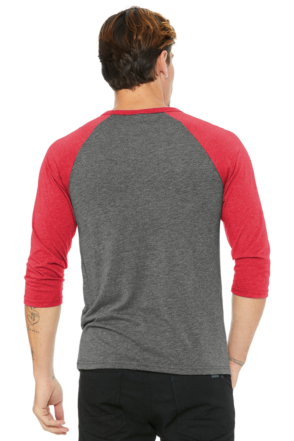 Bella + Canvas BC3200/3200 Mens 3/4 Sleeve Crewneck T-Shirt Grey/Red Model Back