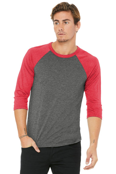 Bella + Canvas BC3200/3200 Mens 3/4 Sleeve Crewneck T-Shirt Grey/Red Model Front