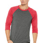 Bella + Canvas Mens 3/4 Sleeve Crewneck T-Shirt - Grey/Light Red