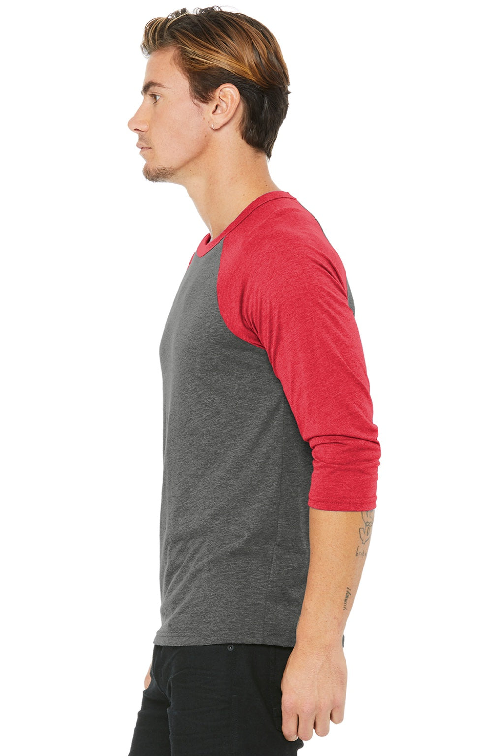 Bella + Canvas BC3200/3200 Mens 3/4 Sleeve Crewneck T-Shirt Grey/Red Model Side