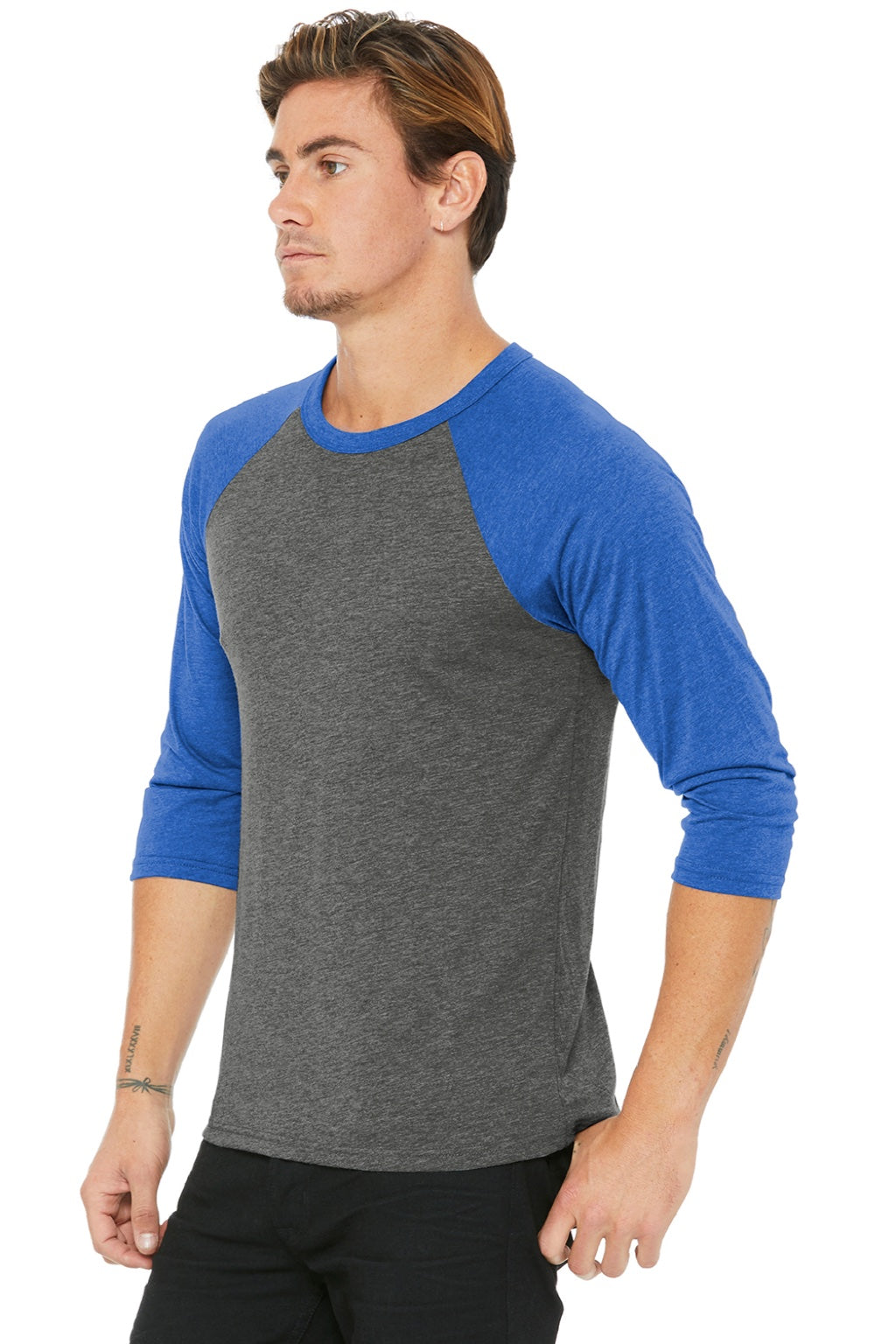 Bella + Canvas BC3200/3200 Mens 3/4 Sleeve Crewneck T-Shirt Grey/True Royal Blue Model 3Q