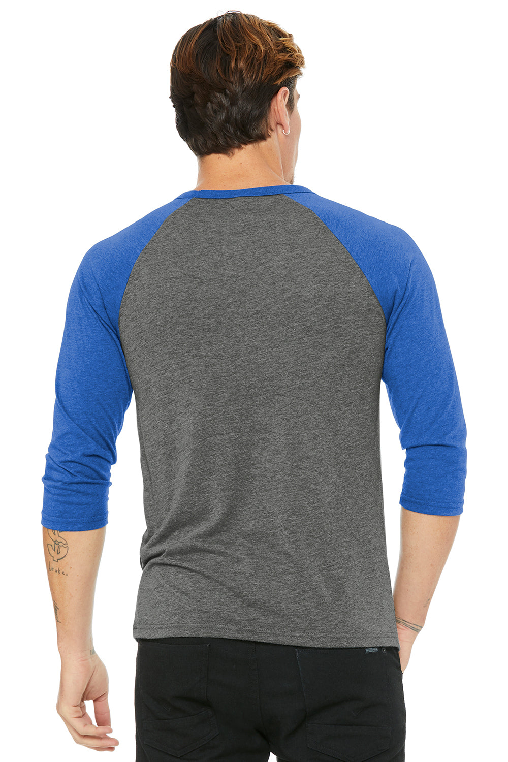 Bella + Canvas BC3200/3200 Mens 3/4 Sleeve Crewneck T-Shirt Grey/Royal Blue Model Back