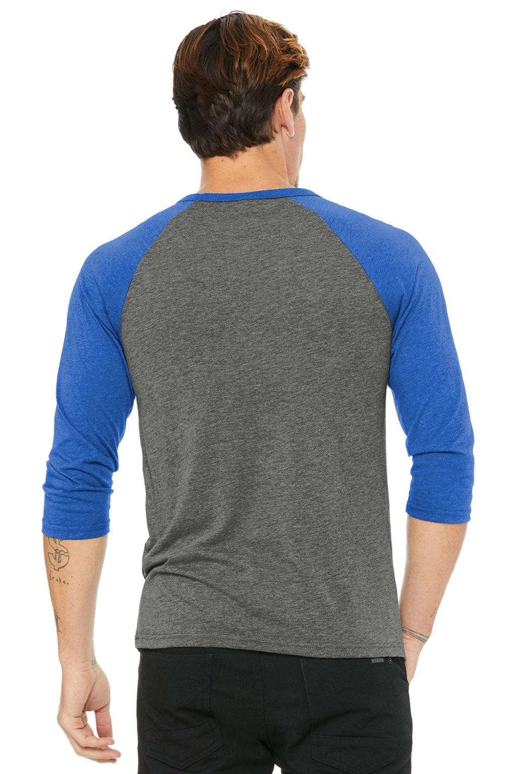 Bella + Canvas BC3200/3200 Mens 3/4 Sleeve Crewneck T-Shirt Grey/True Royal Blue Model Back