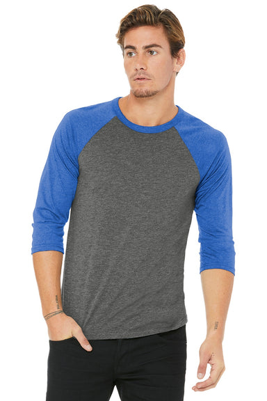 Bella + Canvas BC3200/3200 Mens 3/4 Sleeve Crewneck T-Shirt Grey/True Royal Blue Model Front