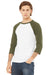 Bella + Canvas BC3200/3200 Mens 3/4 Sleeve Crewneck T-Shirt White/Heather Olive Green Model 3Q