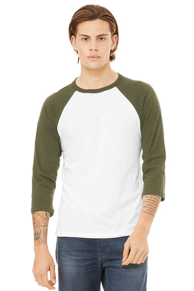 Bella + Canvas BC3200/3200 Mens 3/4 Sleeve Crewneck T-Shirt White/Heather Olive Green Model Front