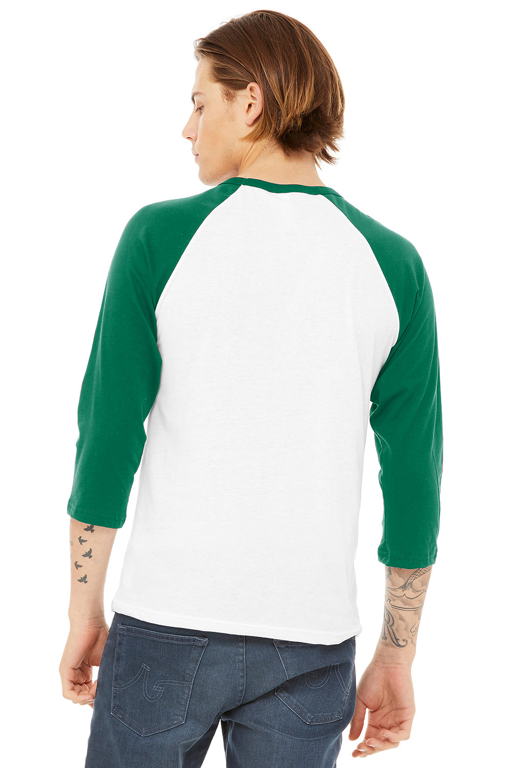 Bella + Canvas BC3200/3200 Mens 3/4 Sleeve Crewneck T-Shirt White/Kelly Green Model Back