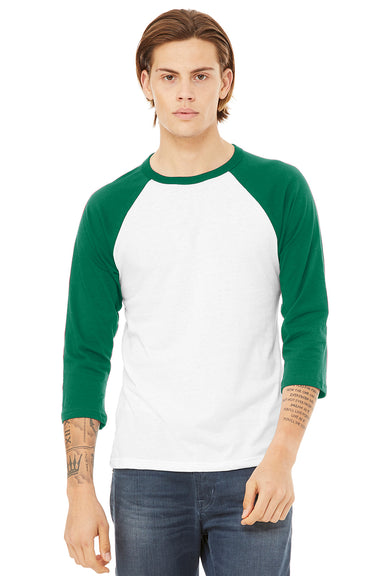 Bella + Canvas BC3200/3200 Mens 3/4 Sleeve Crewneck T-Shirt White/Kelly Green Model Front