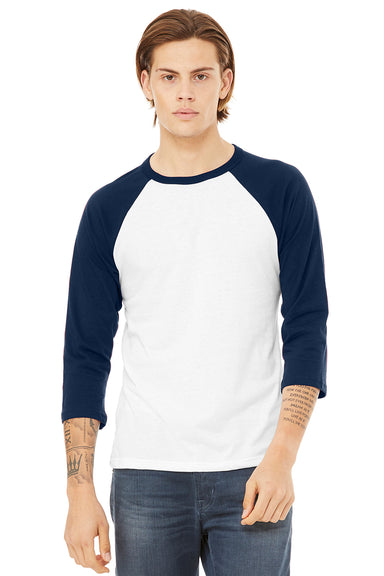 Bella + Canvas BC3200/3200 Mens 3/4 Sleeve Crewneck T-Shirt White/Navy Blue Model Front