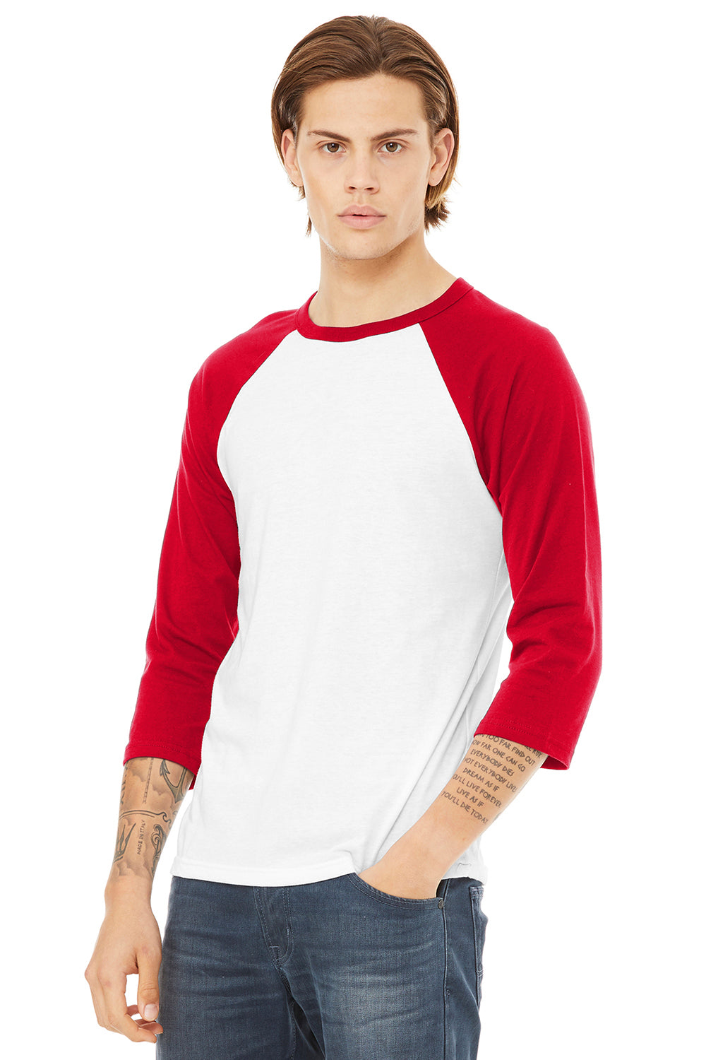 Bella + Canvas BC3200/3200 Mens 3/4 Sleeve Crewneck T-Shirt White/Red Model 3Q