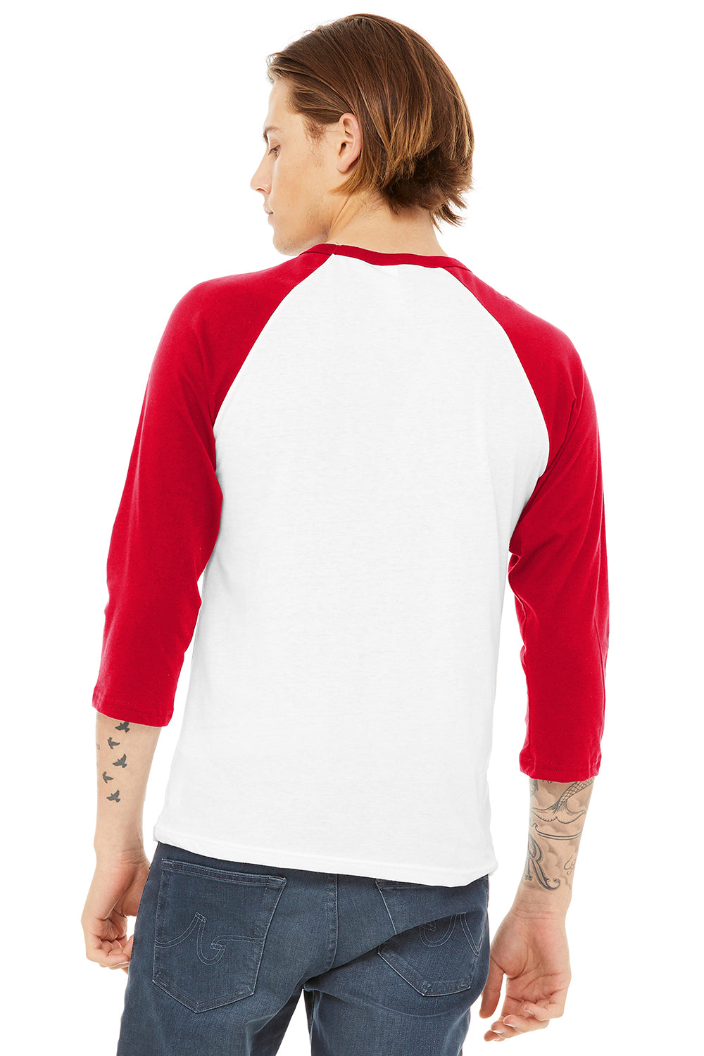 Bella + Canvas BC3200/3200 Mens 3/4 Sleeve Crewneck T-Shirt White/Red Model Back