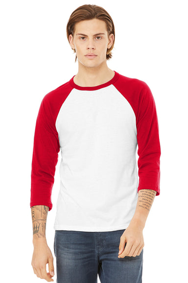 Bella + Canvas BC3200/3200 Mens 3/4 Sleeve Crewneck T-Shirt White/Red Model Front