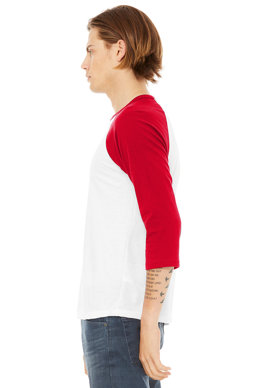 Bella + Canvas BC3200/3200 Mens 3/4 Sleeve Crewneck T-Shirt White/Red Model Side