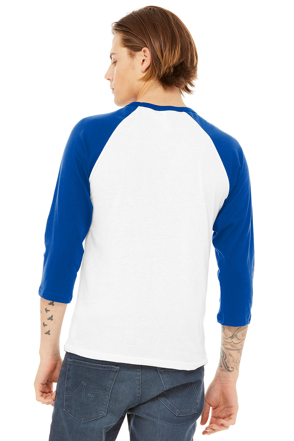 Bella + Canvas BC3200/3200 Mens 3/4 Sleeve Crewneck T-Shirt White/Royal Blue Model Back