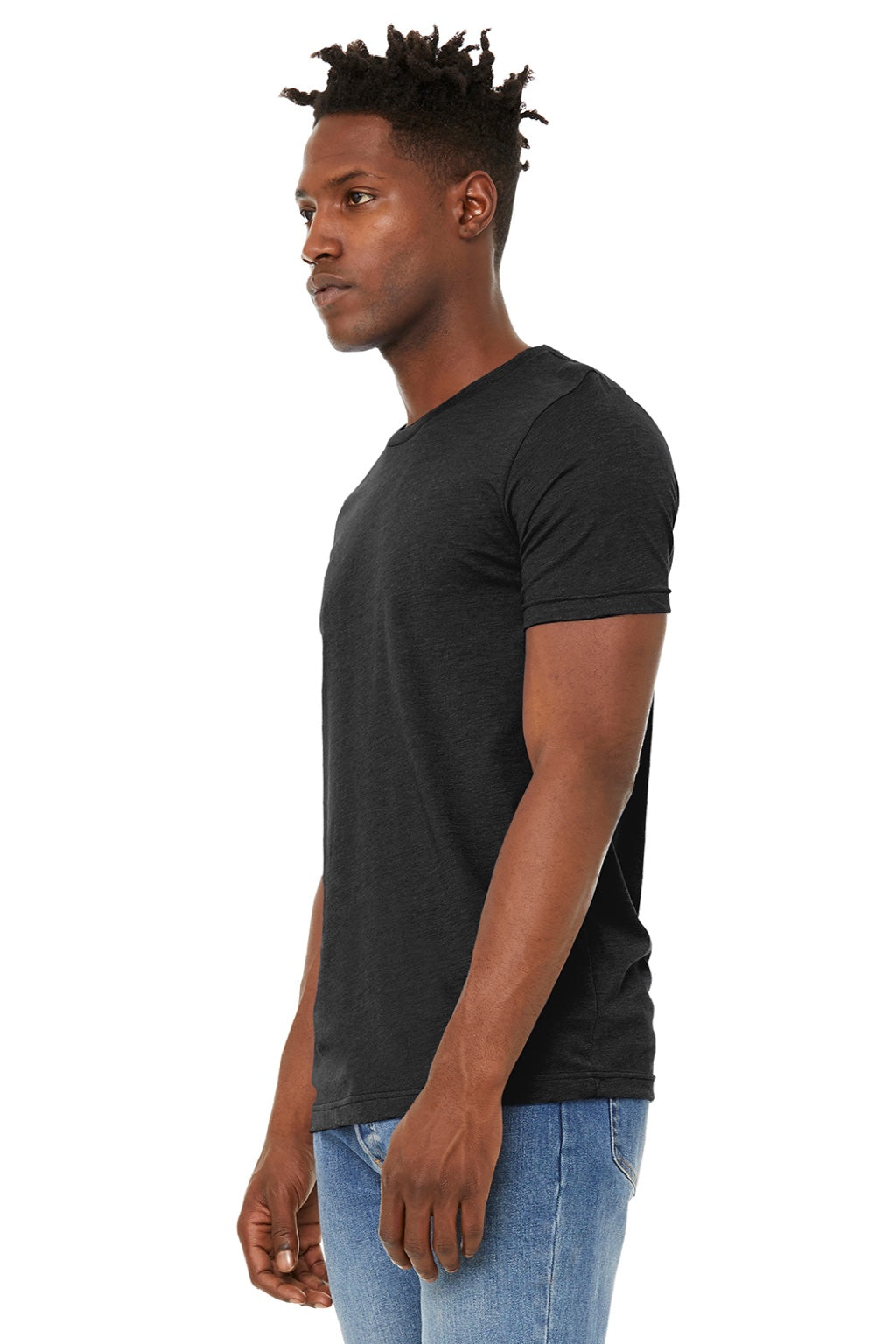 Bella + Canvas BC3301/3301 Mens Jersey Short Sleeve Crewneck T-Shirt Heather Black Model Side
