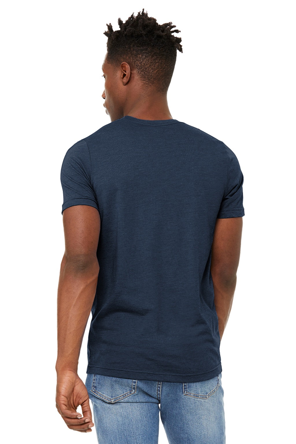 Bella + Canvas BC3301/3301 Mens Jersey Short Sleeve Crewneck T-Shirt Heather Navy Blue Model Back