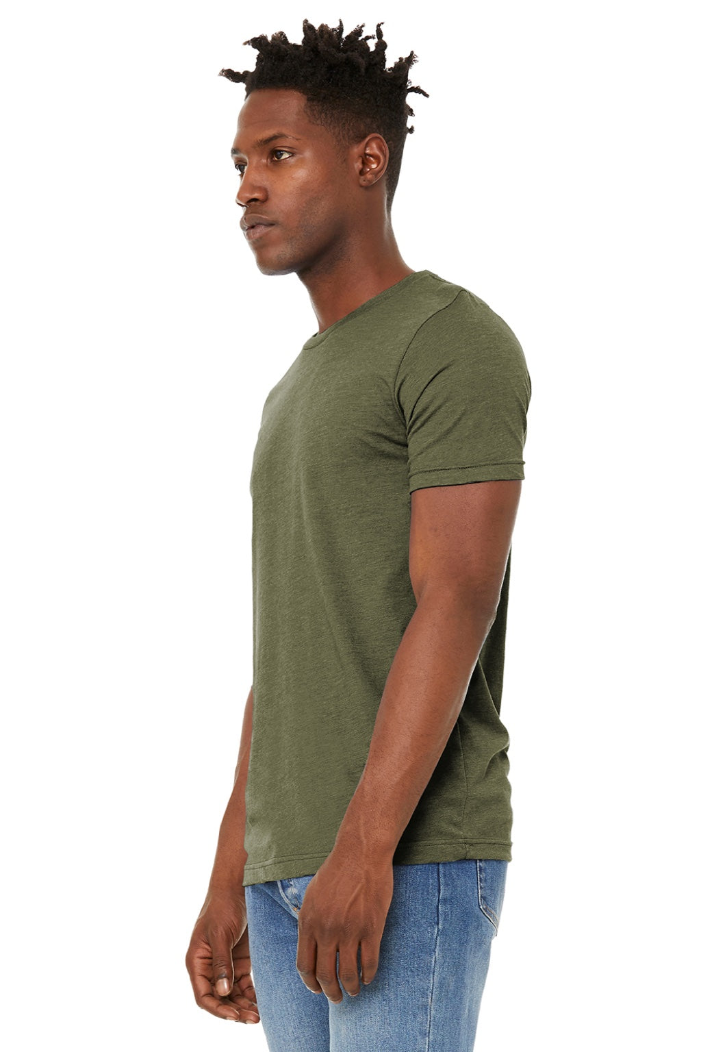 Bella + Canvas BC3301/3301 Mens Jersey Short Sleeve Crewneck T-Shirt Heather Olive Green Model 3Q