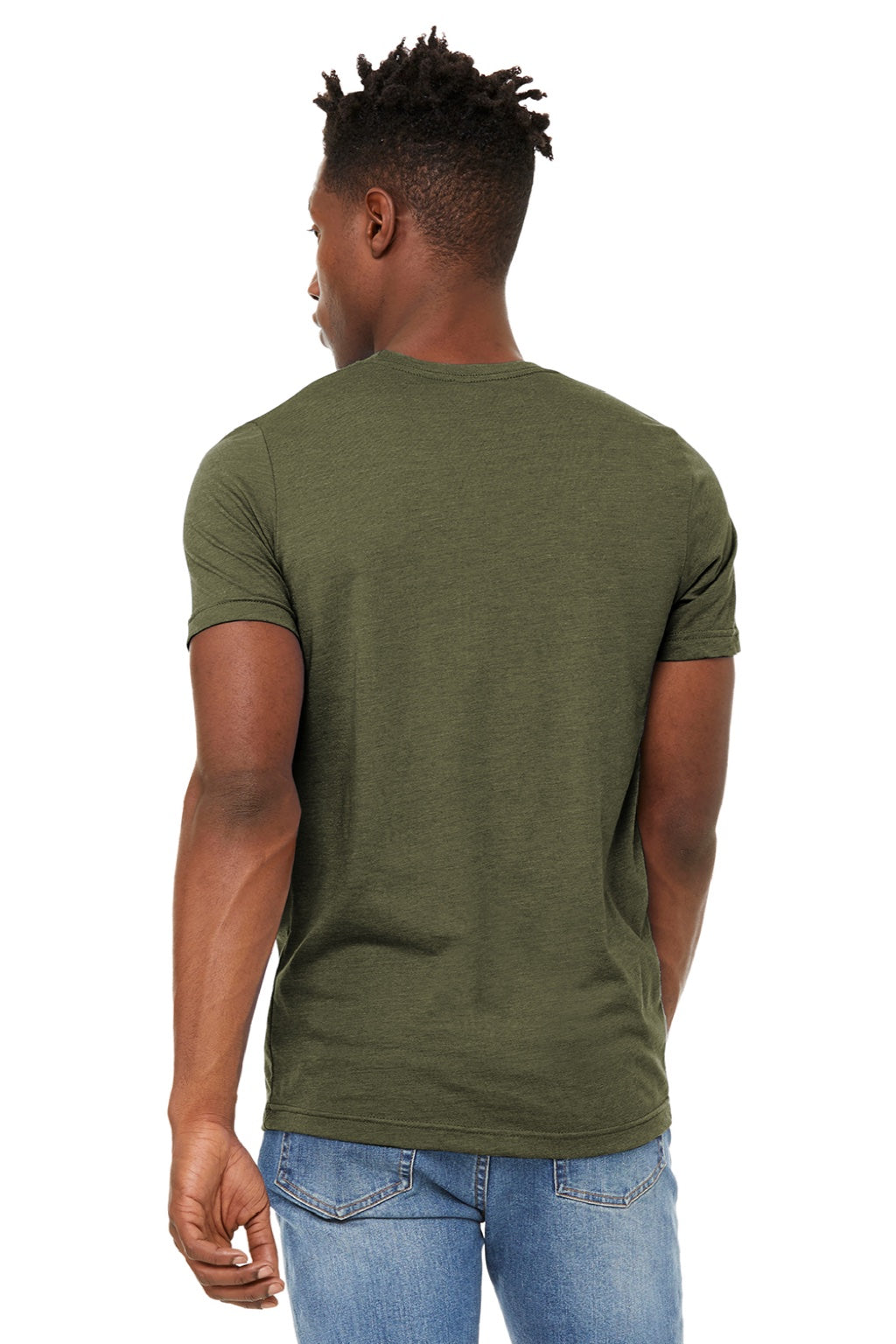 Bella + Canvas BC3301/3301 Mens Jersey Short Sleeve Crewneck T-Shirt Heather Olive Green Model Back