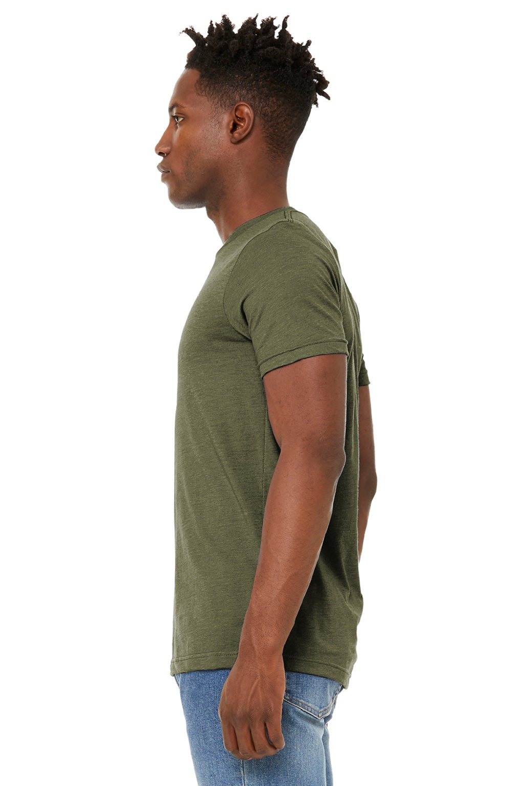 Bella + Canvas BC3301/3301 Mens Jersey Short Sleeve Crewneck T-Shirt Heather Olive Green Model Side