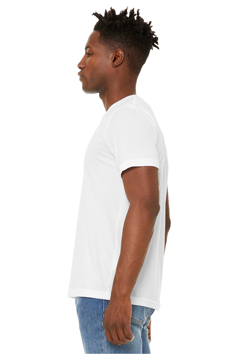 Bella + Canvas BC3301/3301C/3301 Mens Jersey Short Sleeve Crewneck T-Shirt Solid White Model Side