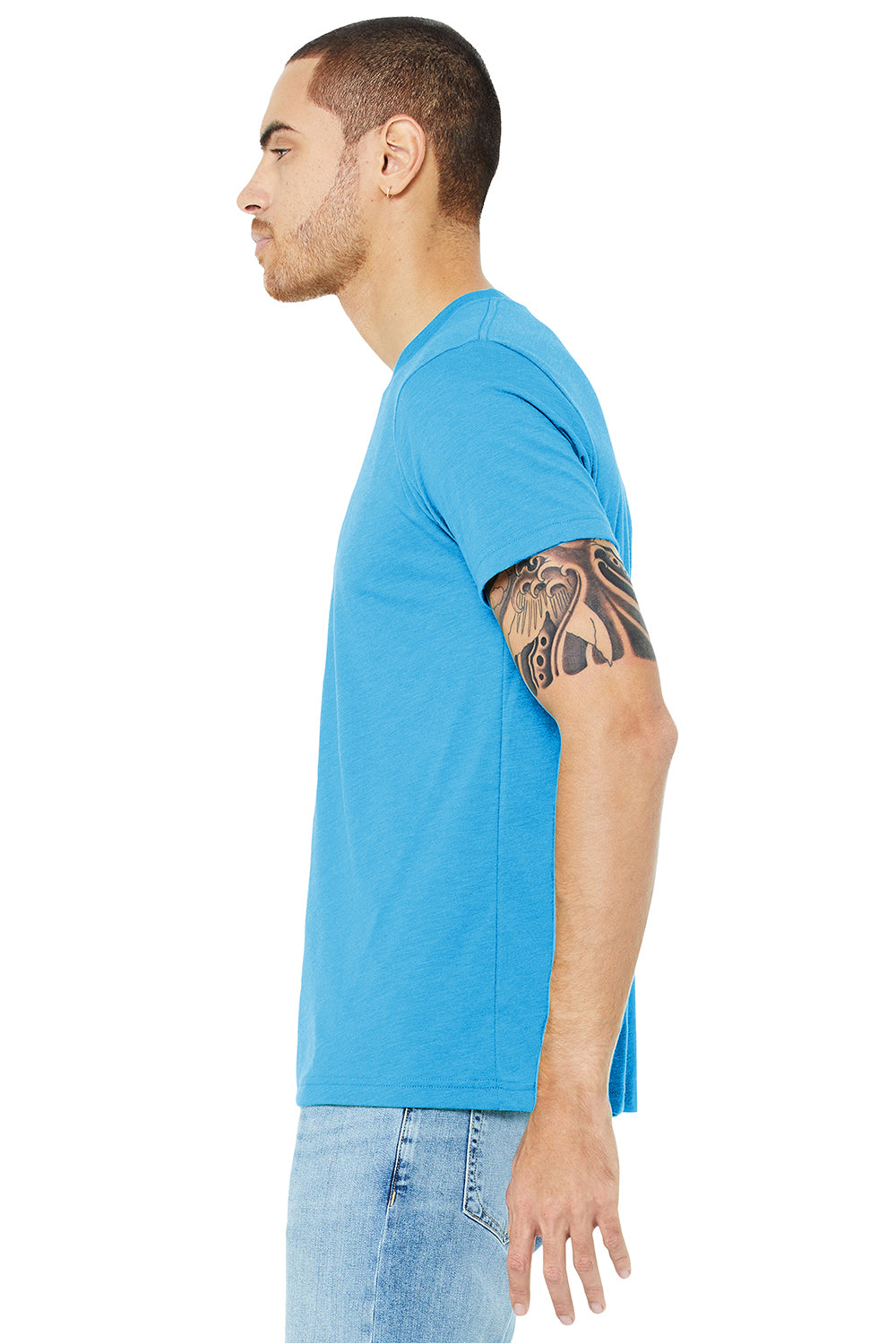 Bella + Canvas BC3413/3413C/3413 Mens Short Sleeve Crewneck T-Shirt Aqua Blue Model Side
